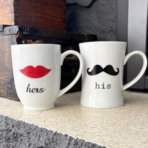 His & Her White Mug Set with Red Lips and Black Mustache